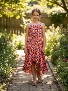 Tea Collection Orange Floral High-Low Sundress with Blue Accents